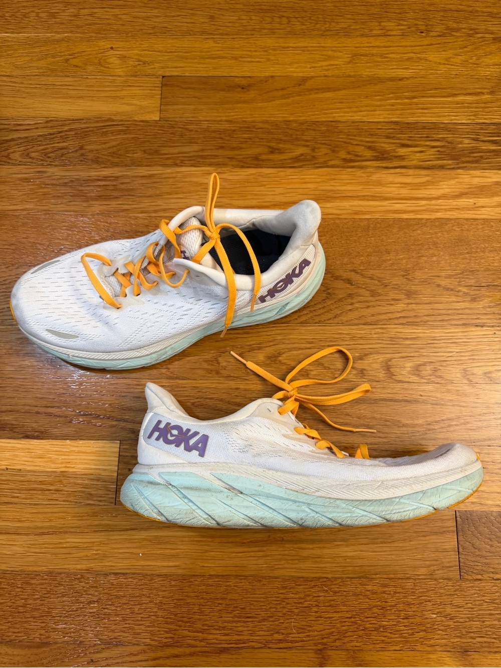Hoka Clifton 8 Women's Running Shoes White and Light Blue Orange Lace - Size 10B